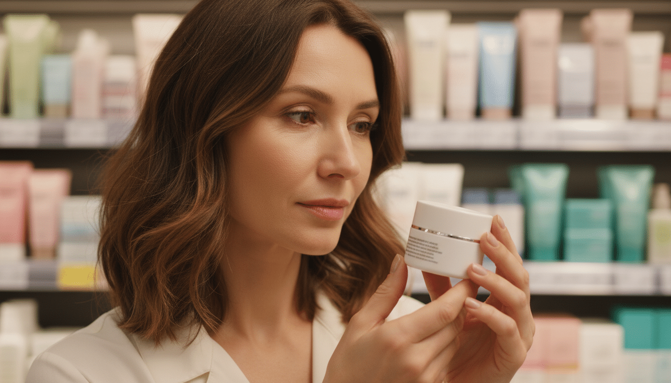 Femme examinant une crème hydratante en supermarché