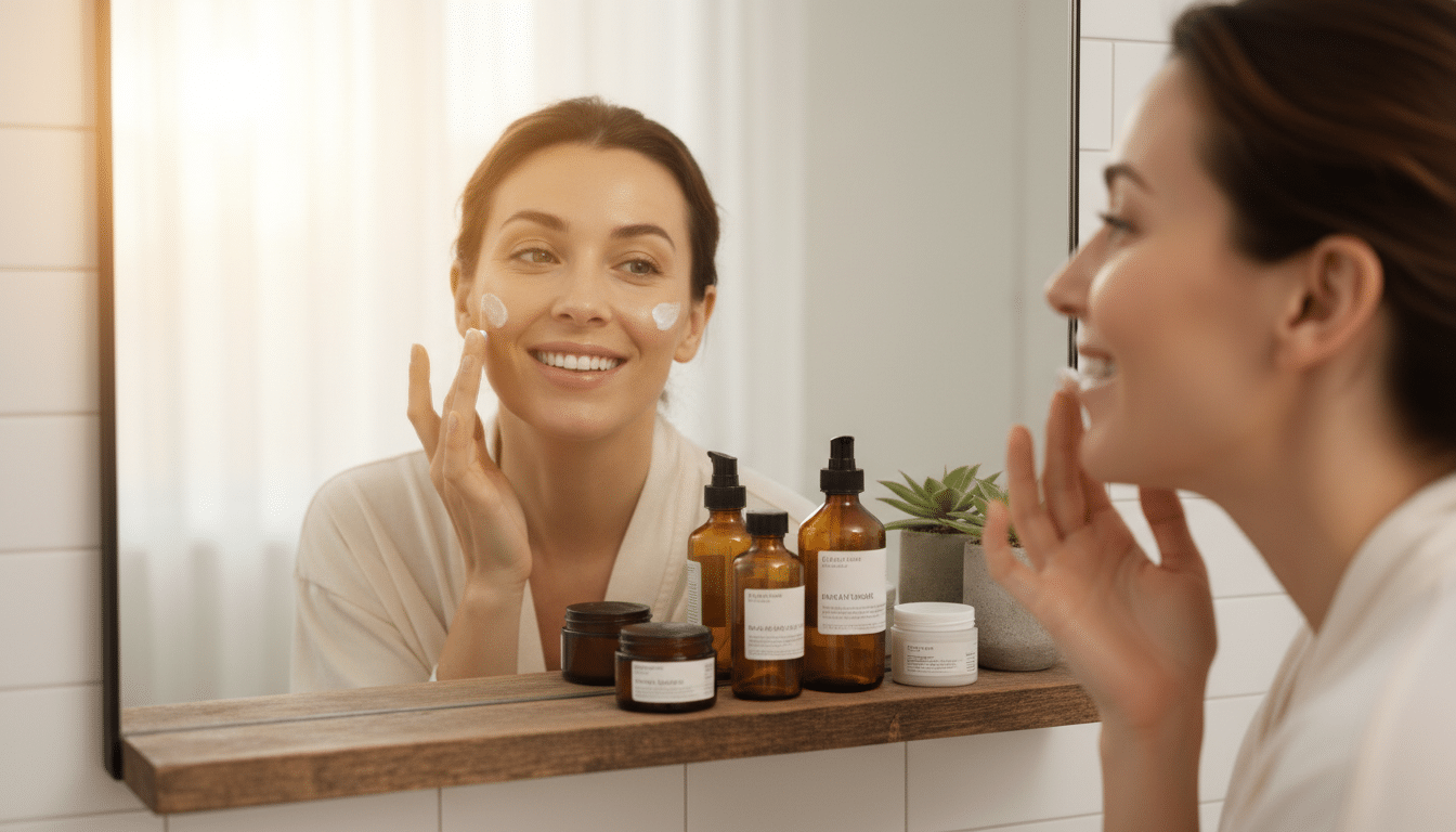Femme appliquant une crème hydratante devant son miroir