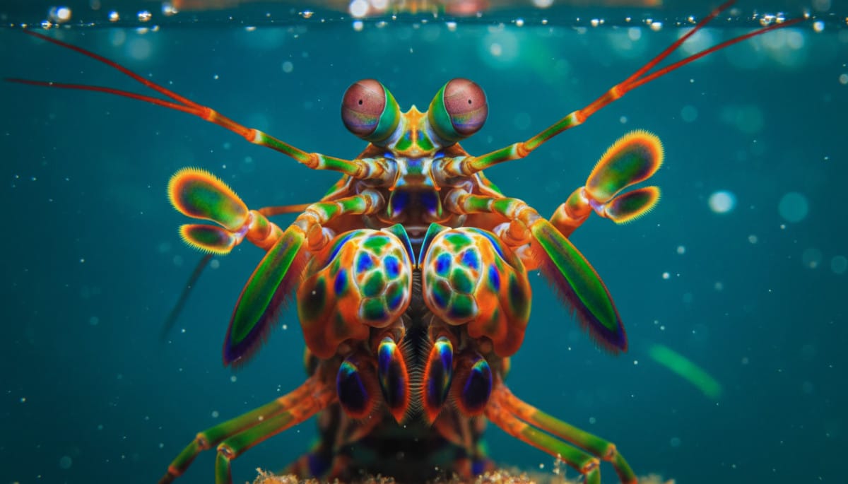 crevette-mante colorée en position d'attaque