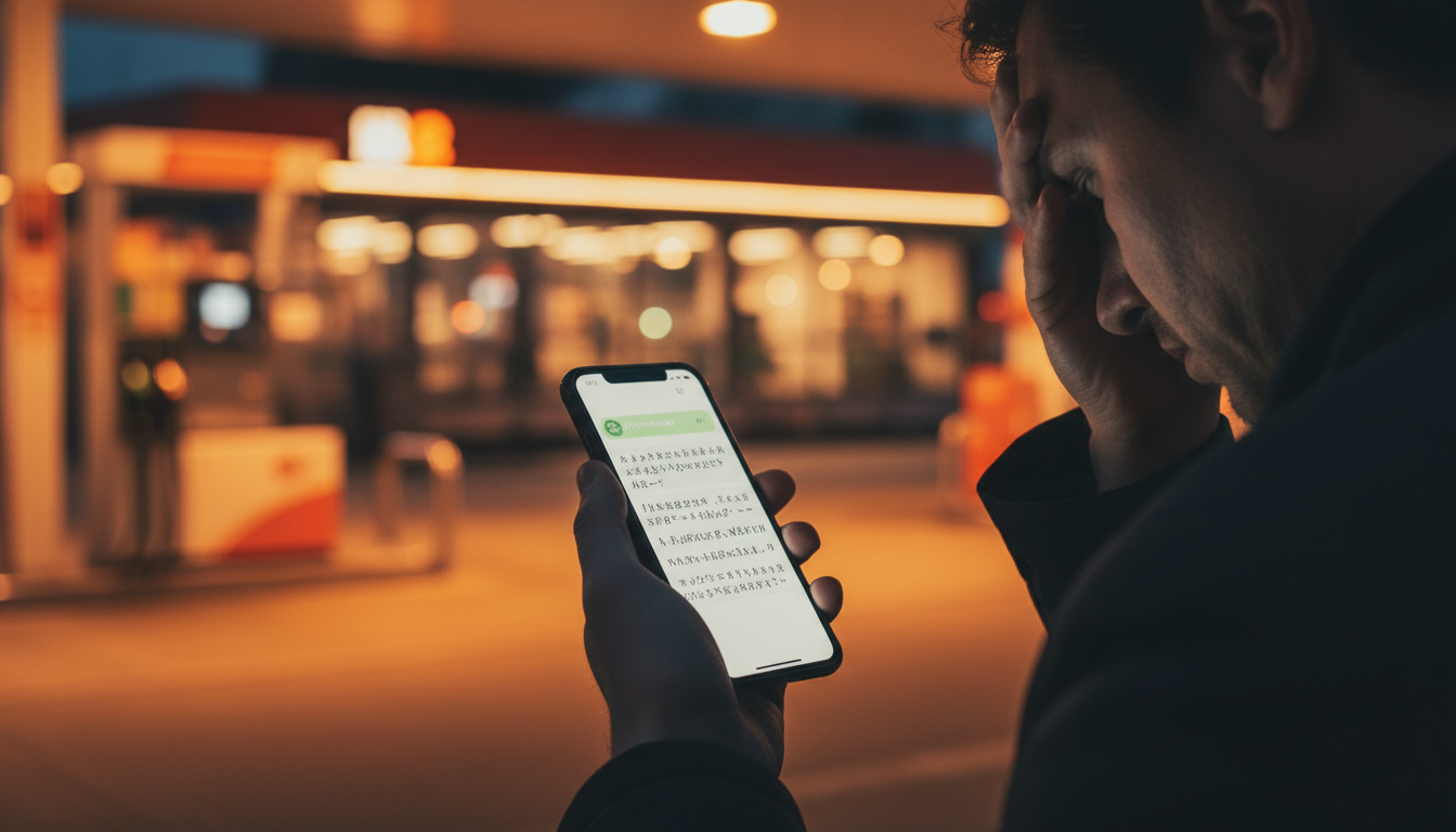 SMS frauduleux de remboursement carburant sur un smartphone