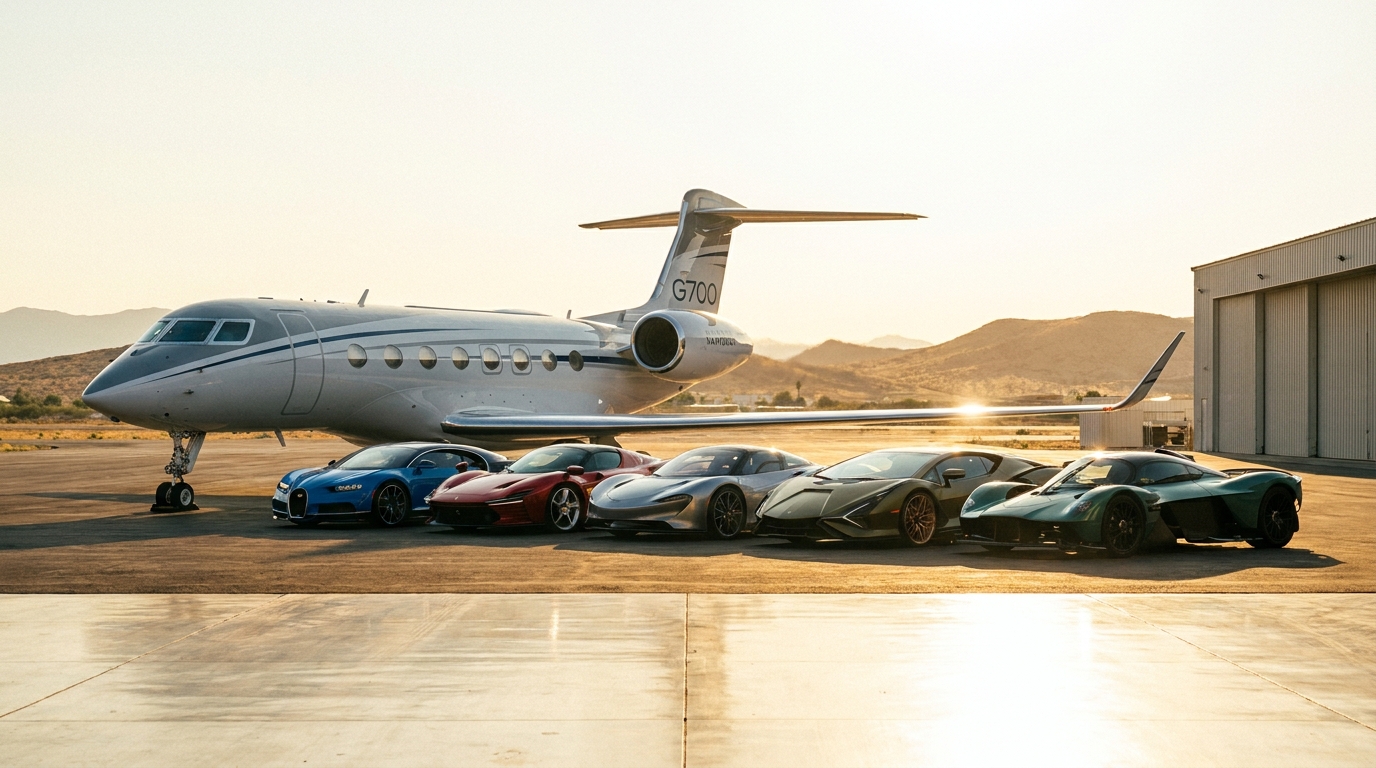 Jet privé et voitures de luxe sur un tarmac ensoleillé illustrant la fortune de Cristiano Ronaldo
