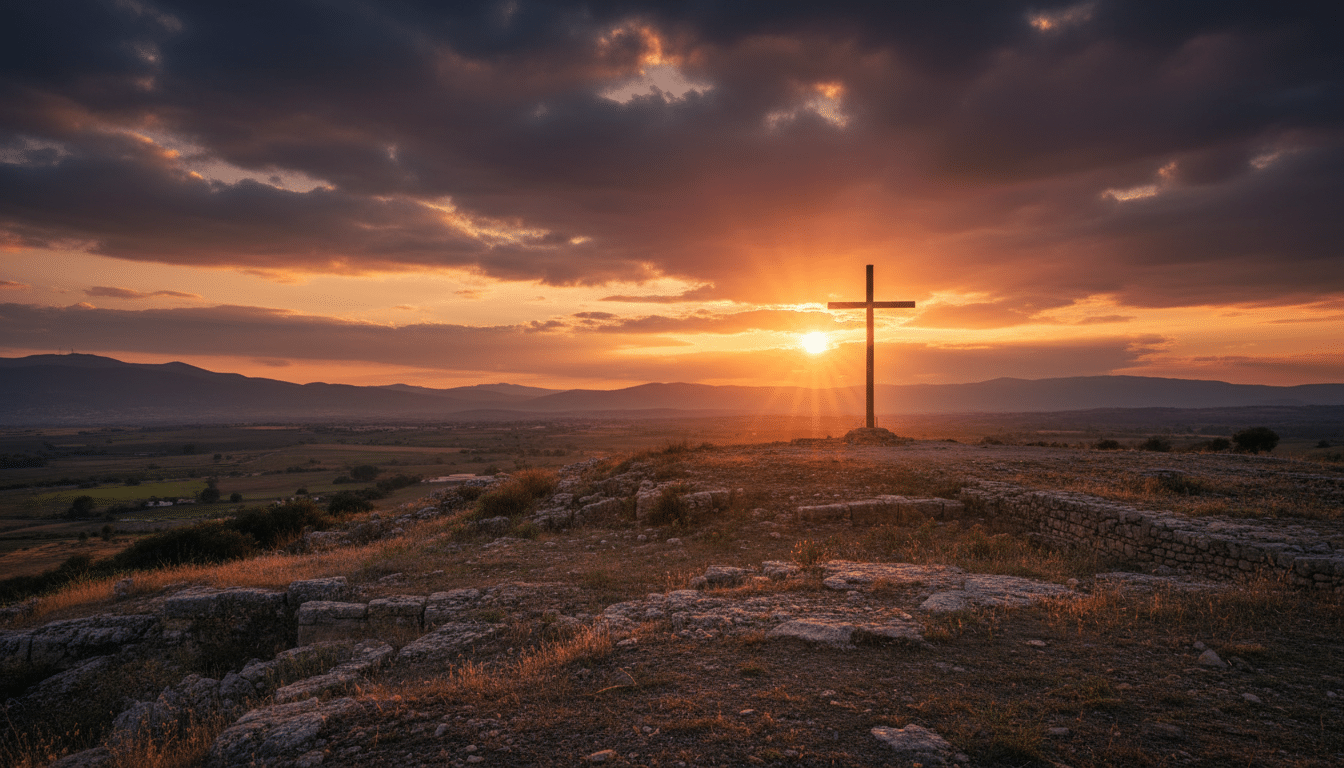 Croix sur une colline au coucher du soleil en Judée antique
