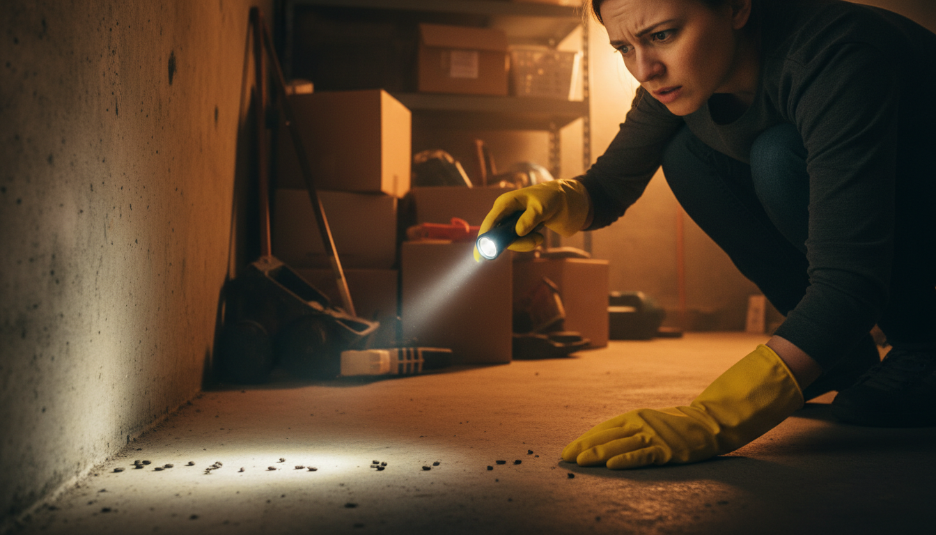 Personne inspectant des crottes de souris dans un garage
