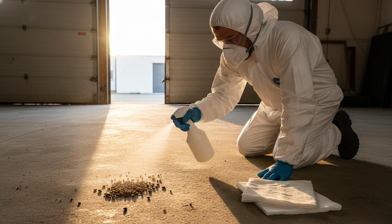 Nettoyage désinfectant des excréments de rongeurs avec masque FFP2