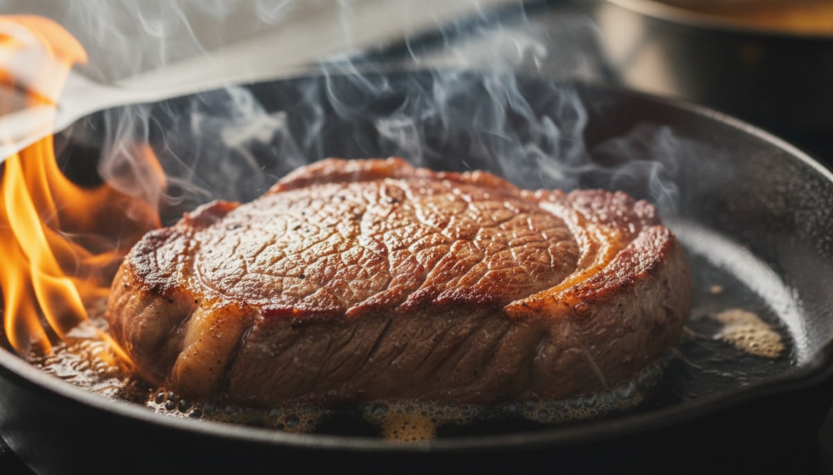 Croûte de Maillard se formant sur un steak à la poêle
