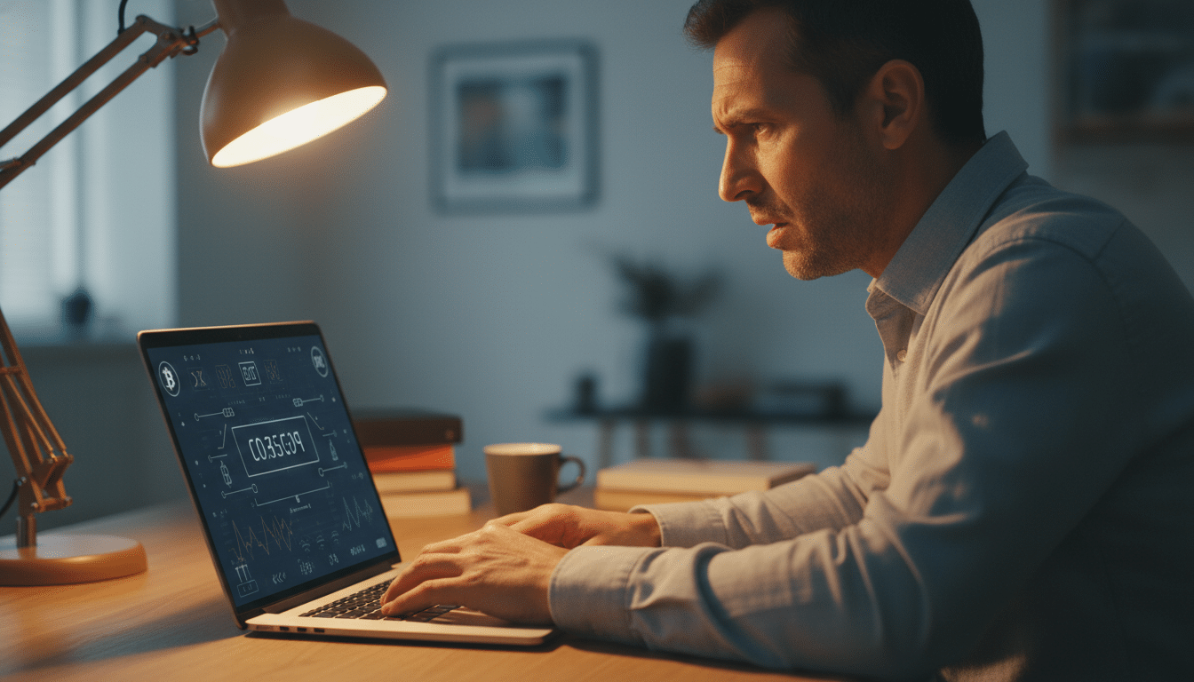 Contribuable inquiet devant son portefeuille crypto sur ordinateur