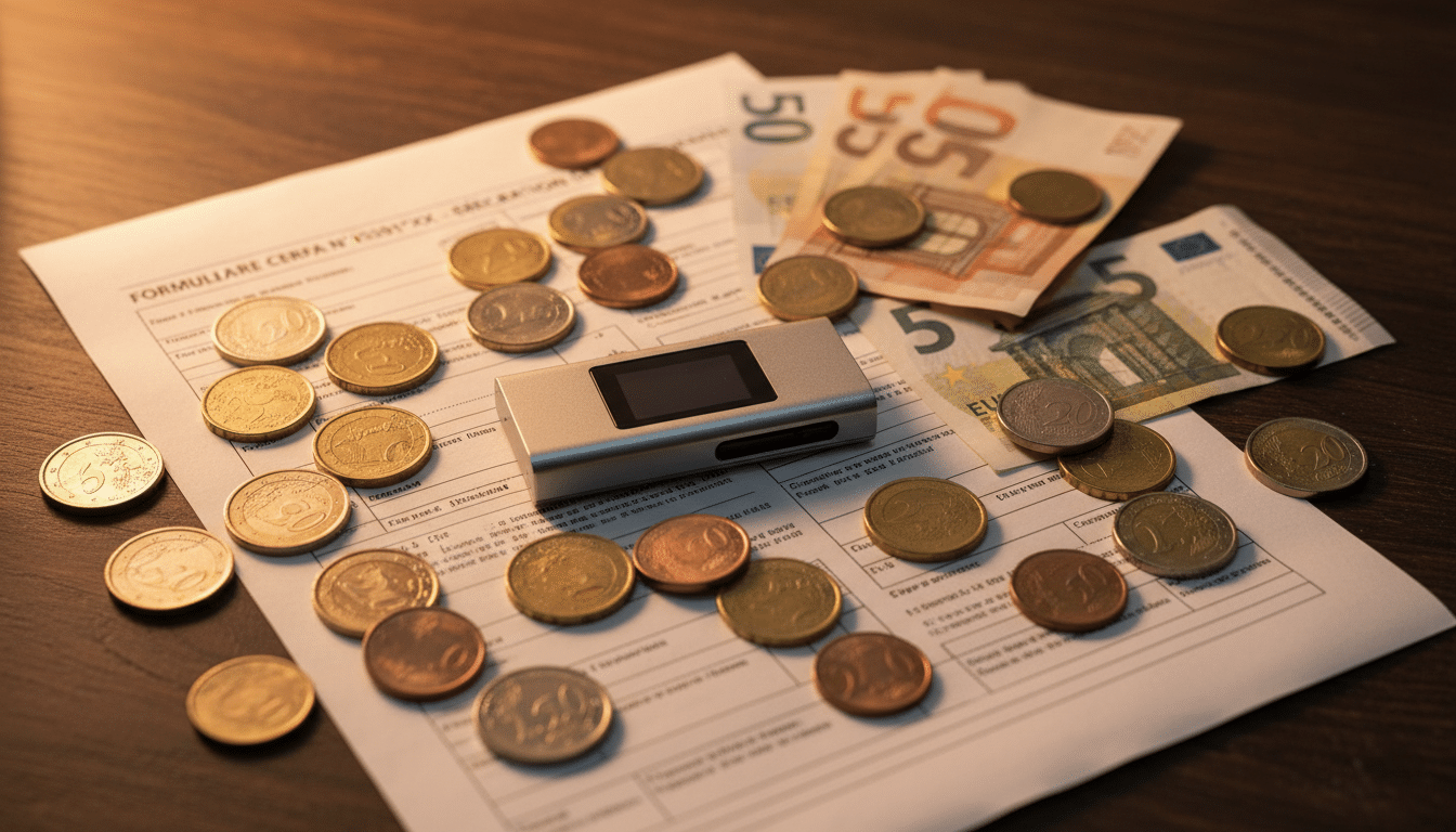 Portefeuille crypto matériel posé sur une déclaration d'impôts française