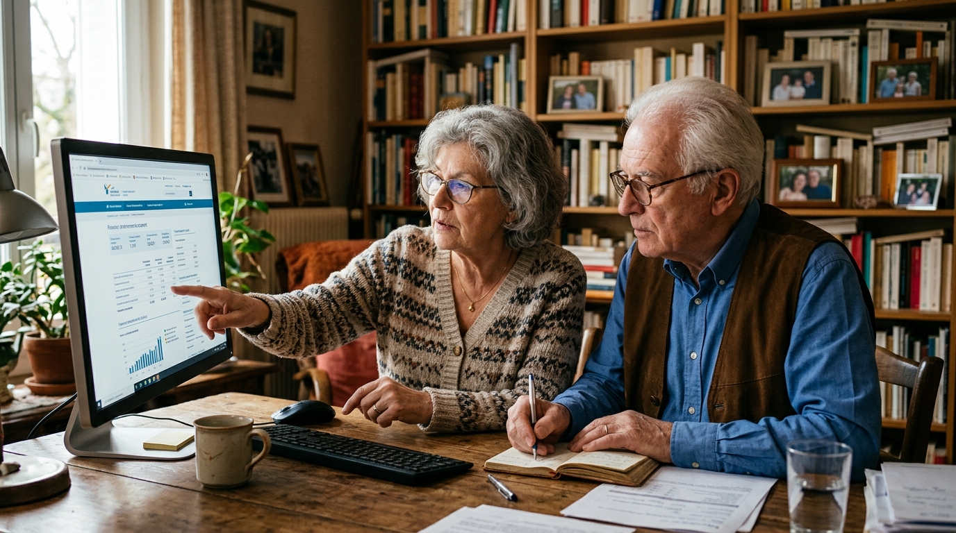 Couple de retraités vérifiant leur compte pension en ligne