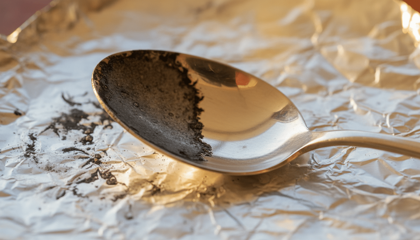 cuillère en argent à moitié nettoyée sur papier alu