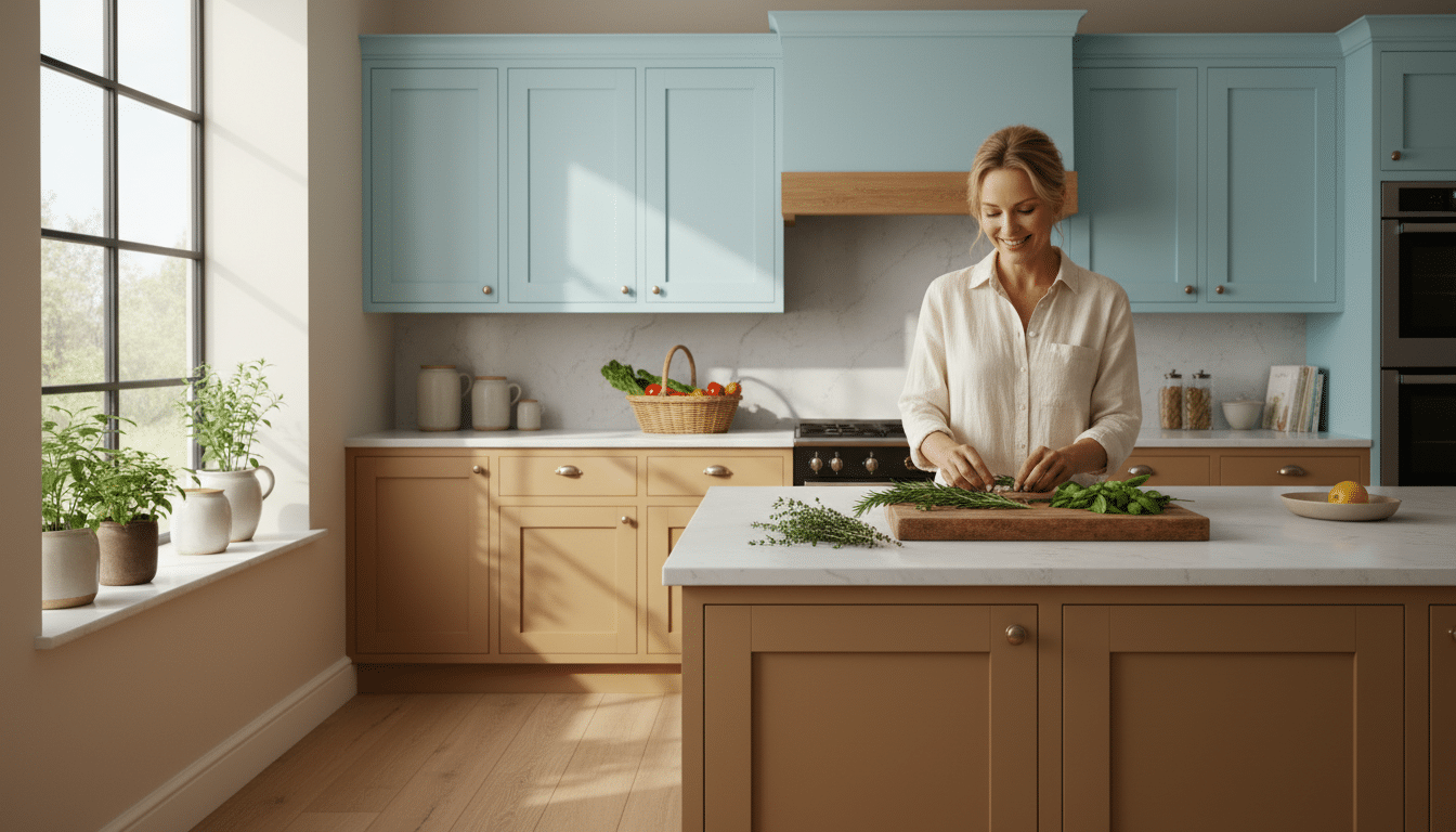 Cuisine moderne bleu ciel et camel mat au printemps