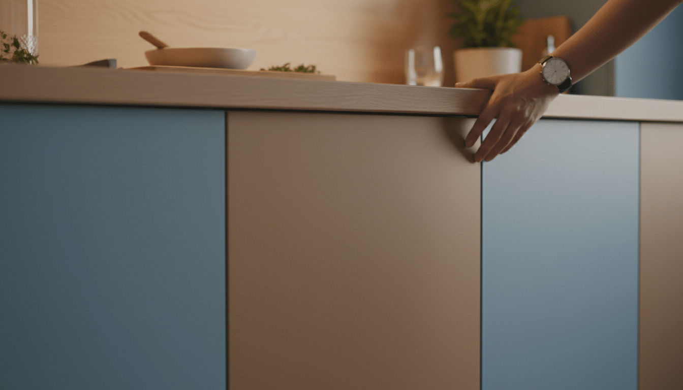 Détail des façades bicolores bleu ciel et camel mat