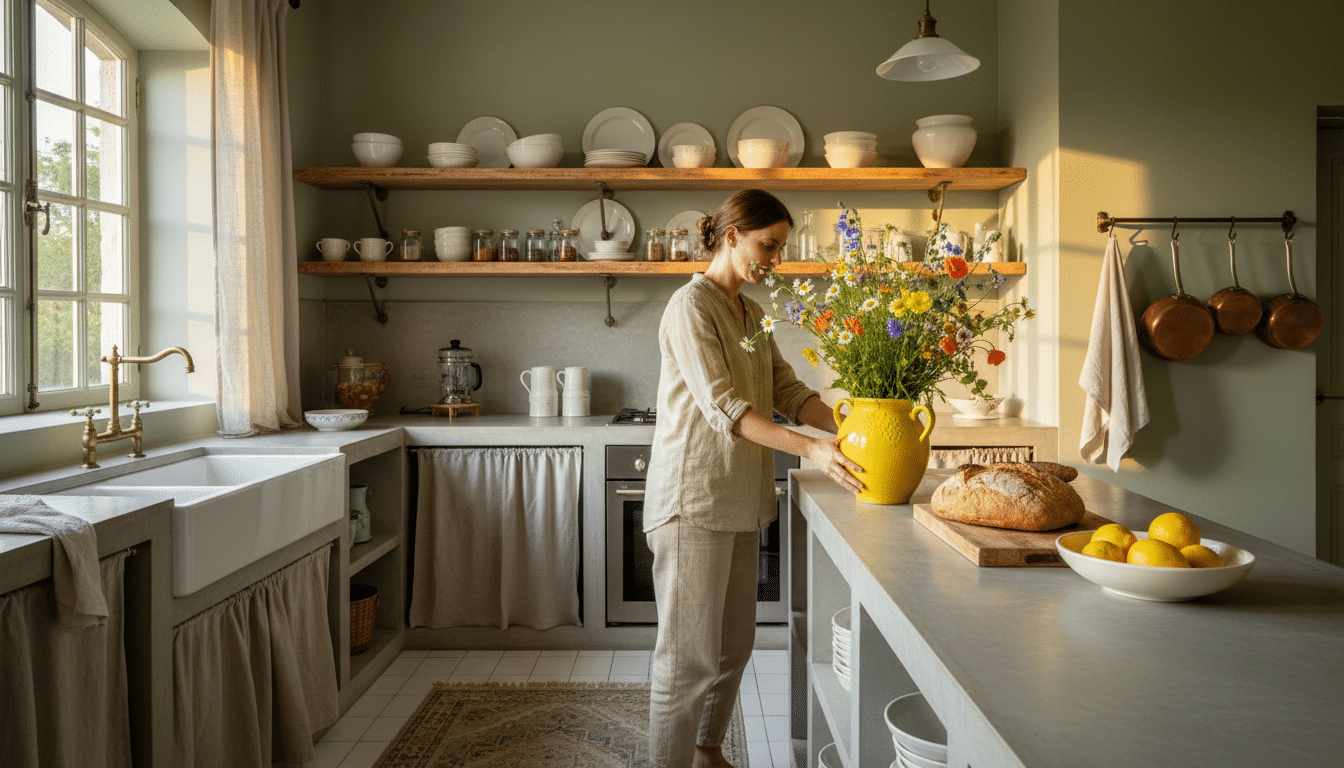 Cuisine vert sauge avec vase jaune et étagères en bois
