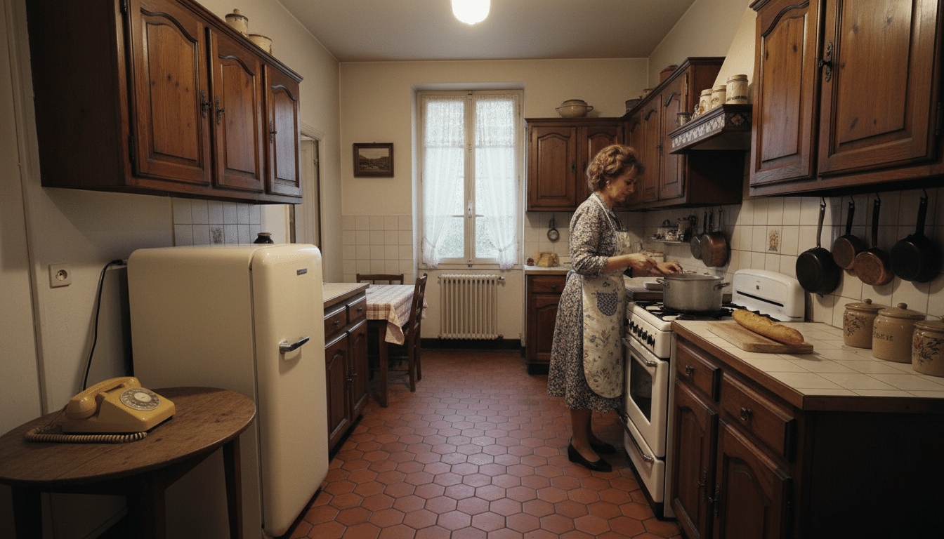 Cuisine française des années 70, femme devant réfrigérateur