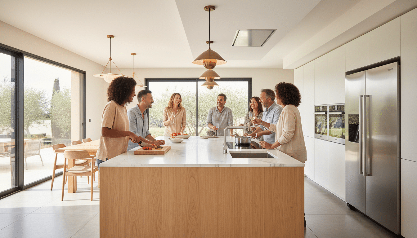 Cuisine ouverte moderne, famille réunie autour de l'îlot