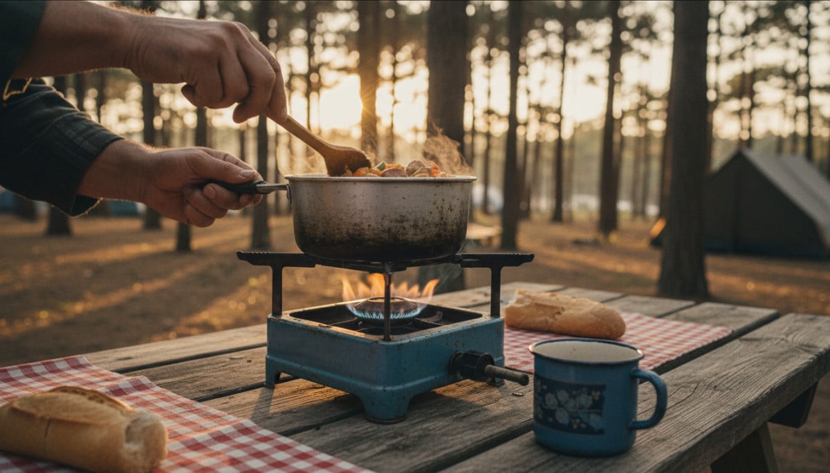 Cuisiner sur un réchaud ancien en camping