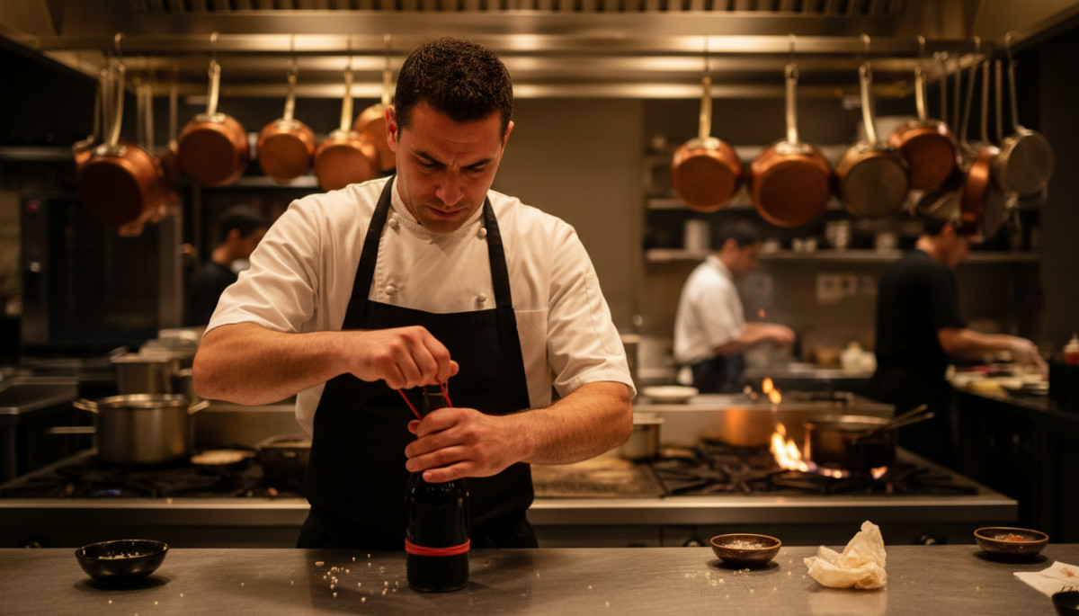 Cuisinier pro utilisant l'astuce de l'élastique en cuisine