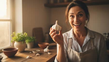 Cuisinier souriant tenant une tête d'ail fraîche