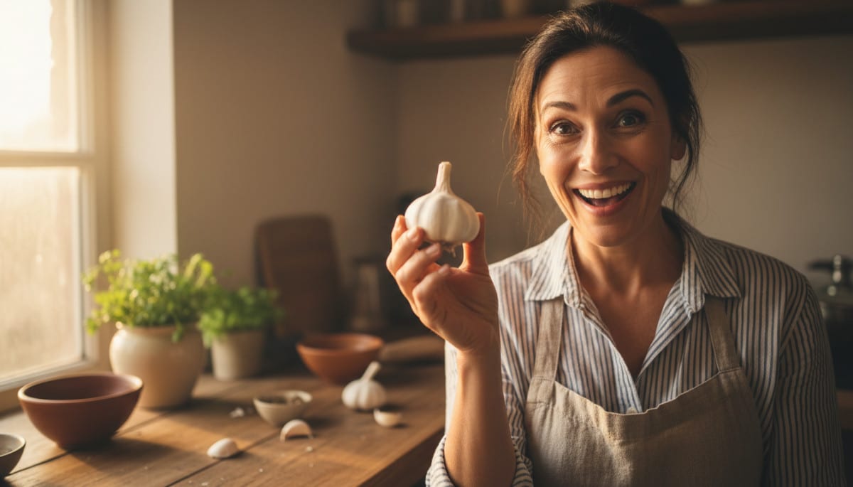 Cuisinier souriant tenant une tête d'ail fraîche