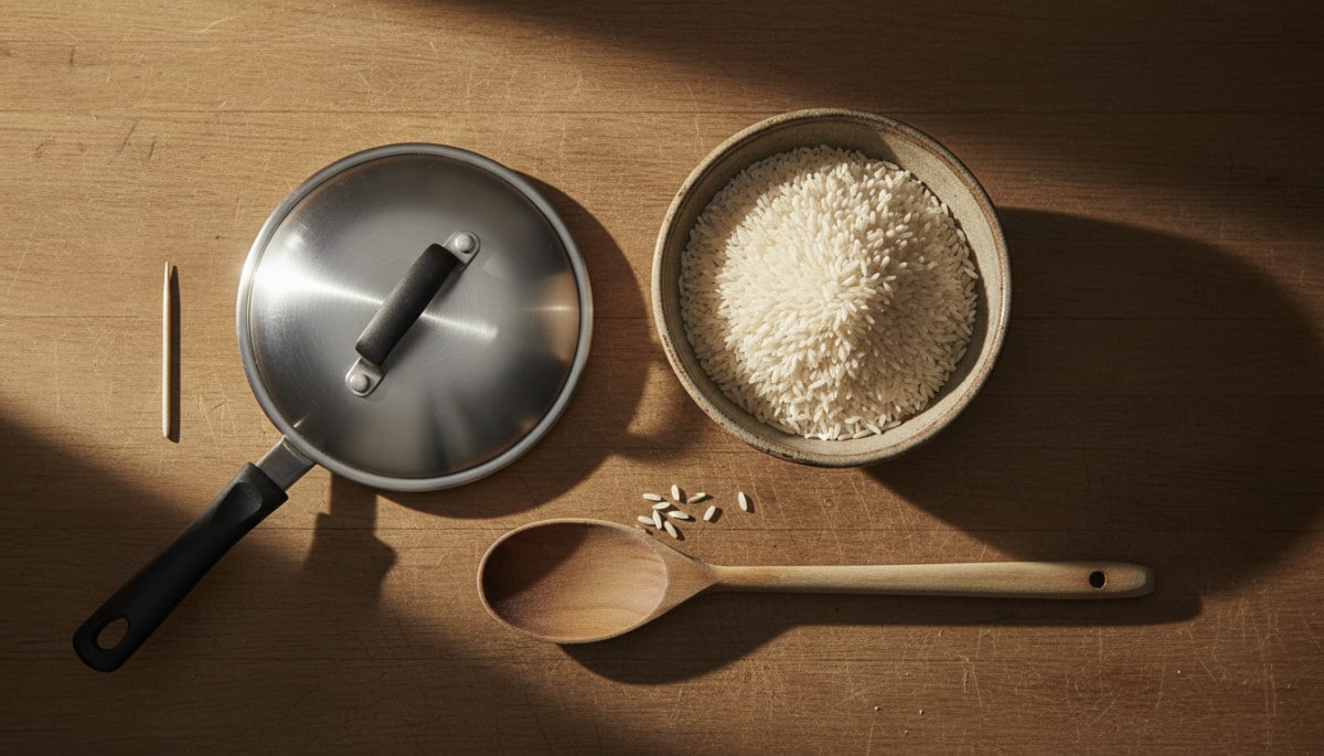 Cure-dent posé à côté d'un couvercle de casserole et du riz cru