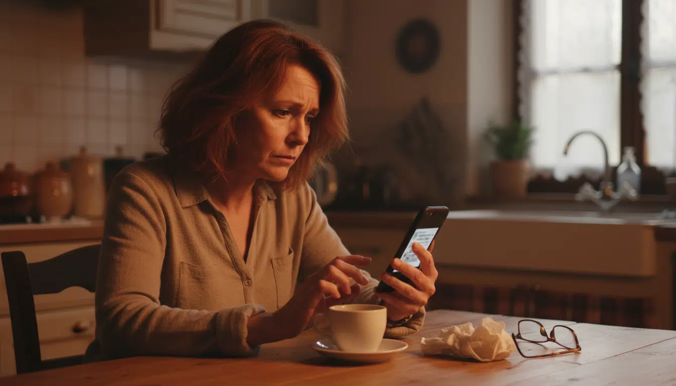 Personne inquiète consultant un mail suspect sur son téléphone
