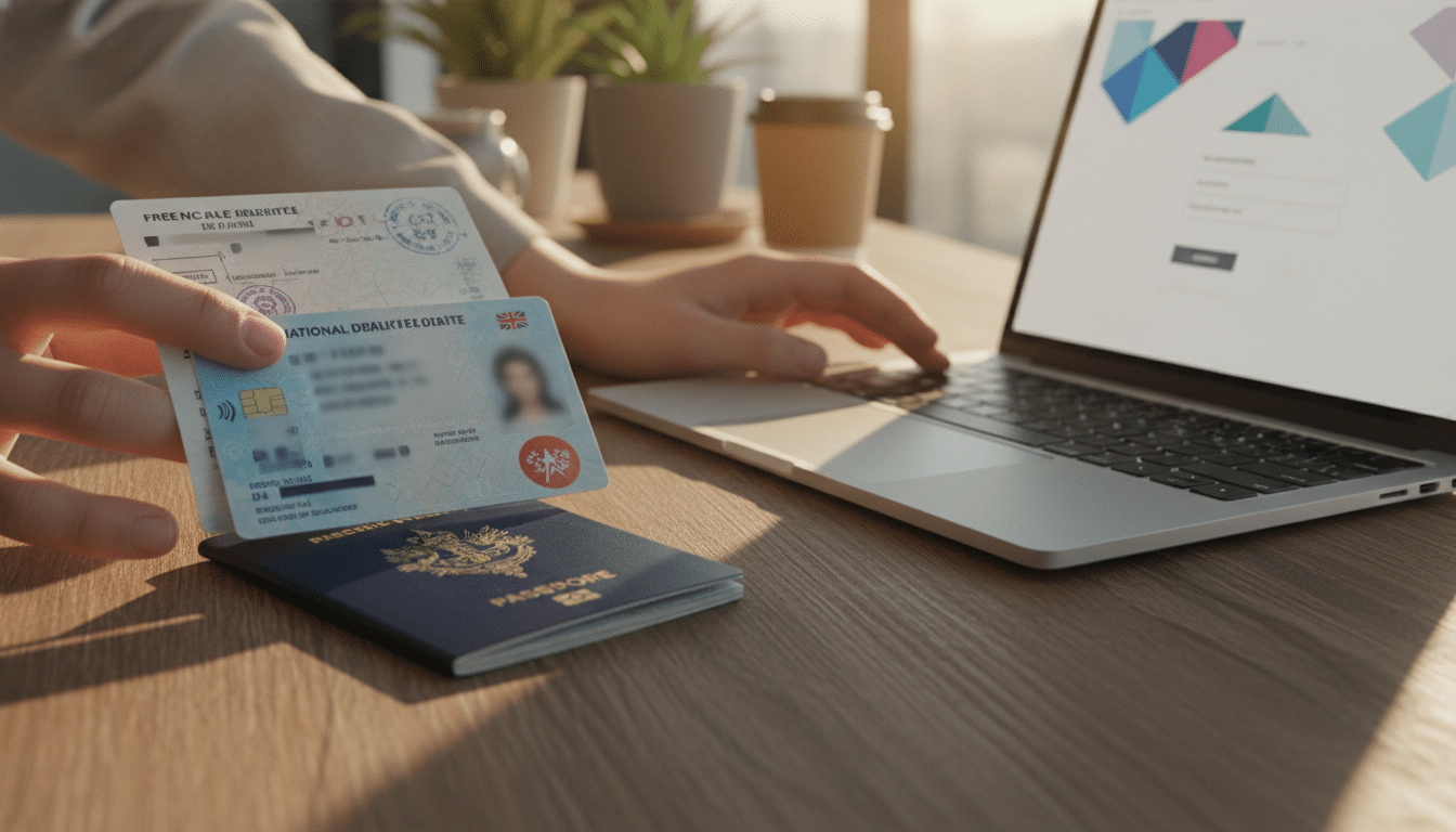 Passeport et carte d'identité française posés près d'un ordinateur