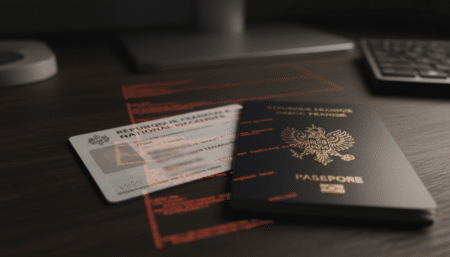 Carte d'identité et passeport français éclairés par un écran