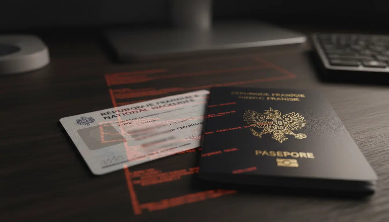 Carte d'identité et passeport français éclairés par un écran