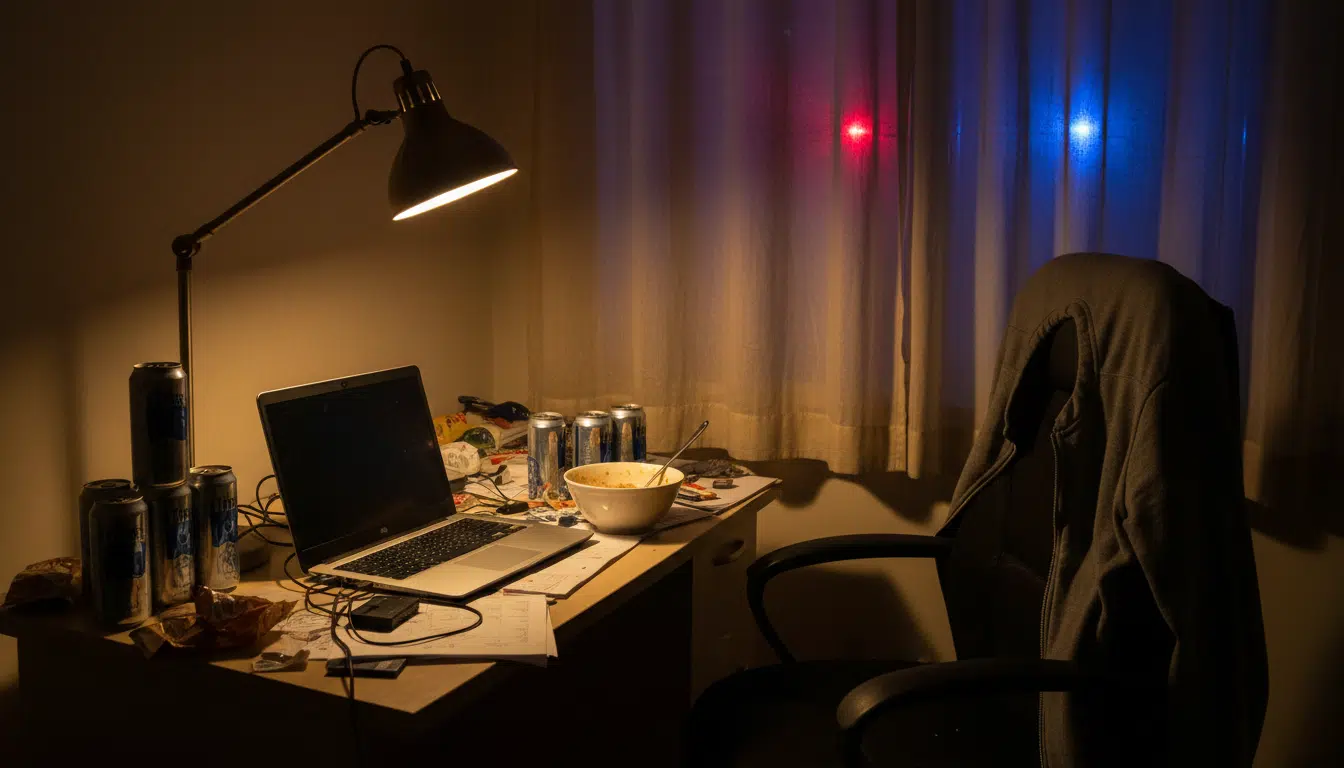 Bureau d'adolescent avec ordinateur et lumières de police au loin