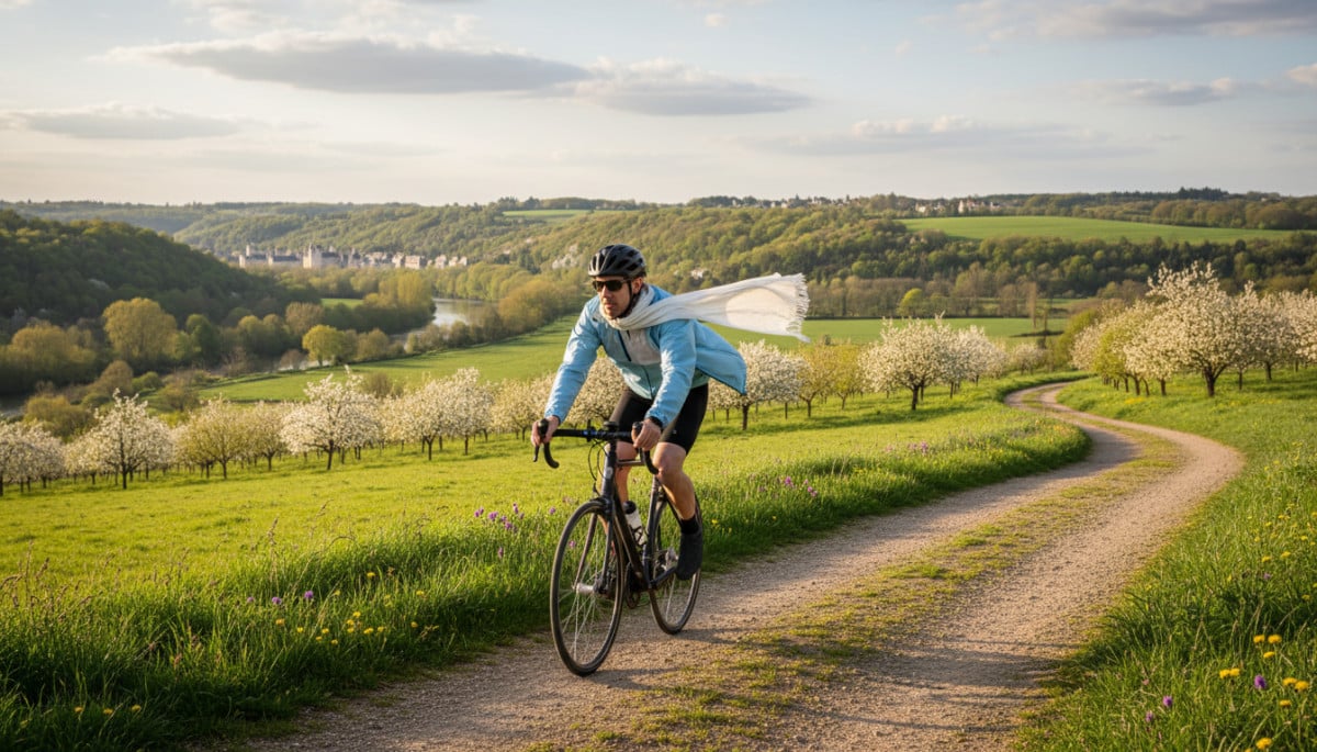 Cycliste sous ciel nuageux en vallée de la Loire