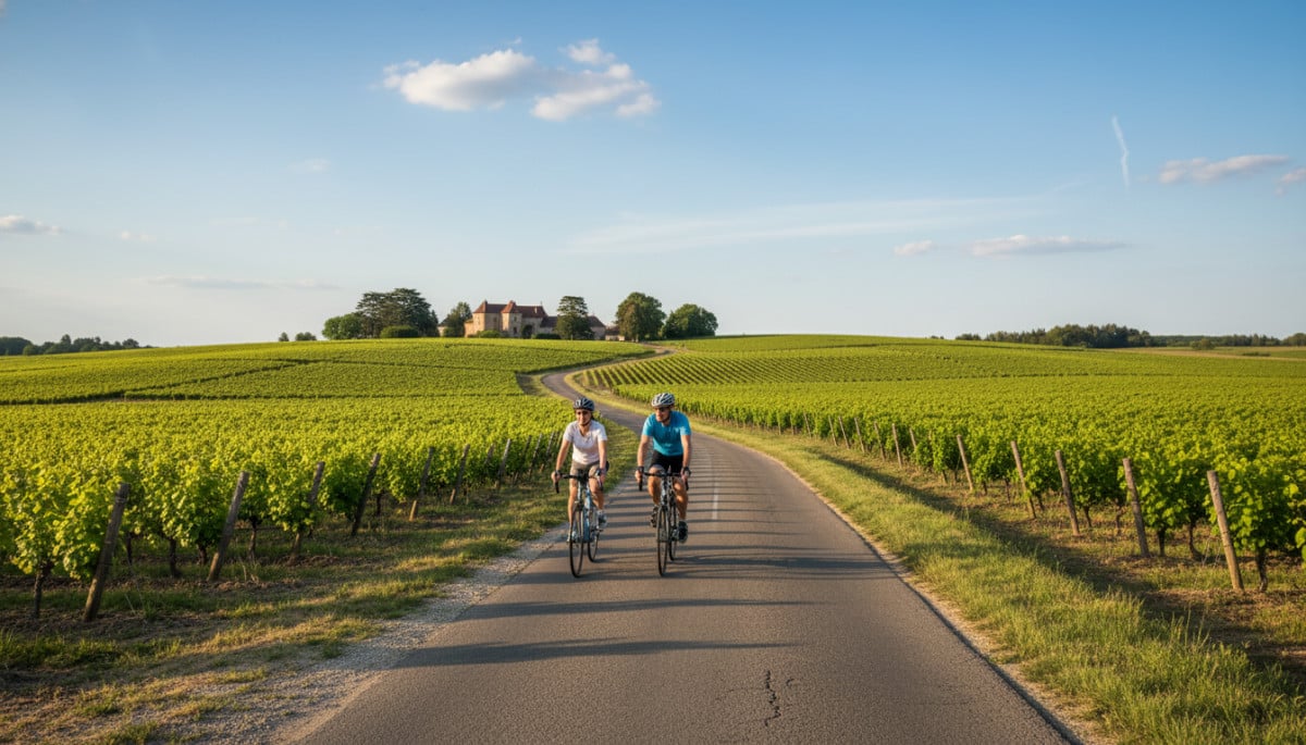 Cyclistes sur route de campagne bordelaise au soleil