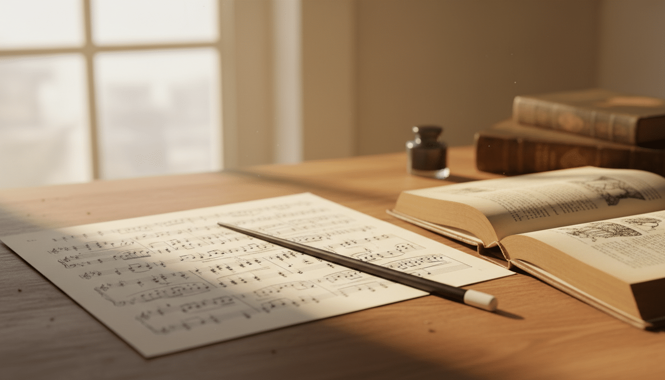 Partition de musique et baguette de chef d'orchestre sur un bureau, évoquant les études de musicologie de Cyprien