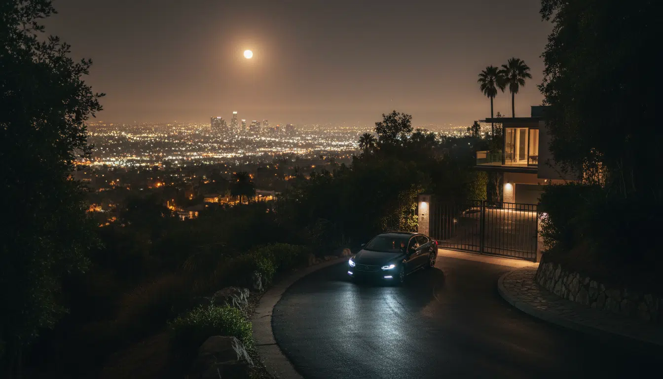 Route sombre des Hollywood Hills avec une voiture de nuit