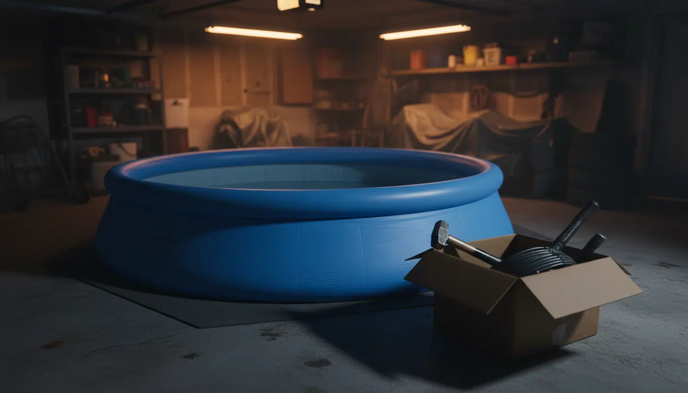 Piscine gonflable bleue dans un garage sombre