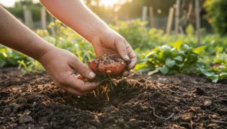 Mains de jardinier tenant un tubercule de dahlia au-dessus du compost