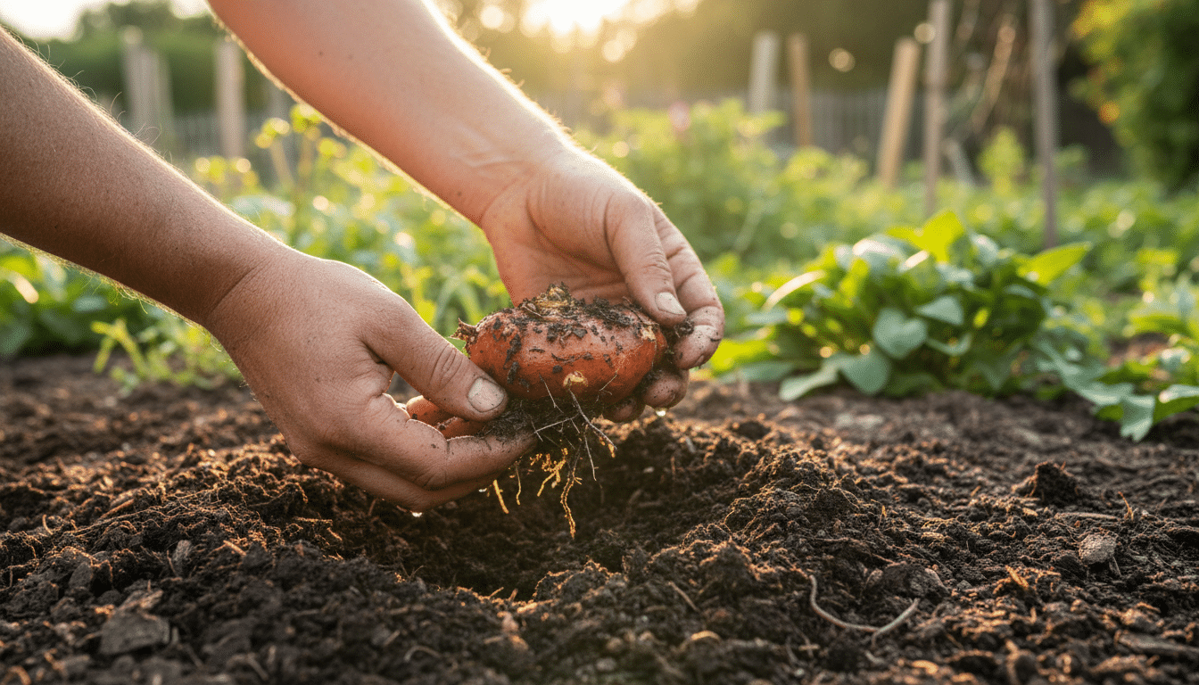 Mains de jardinier tenant un tubercule de dahlia au-dessus du compost