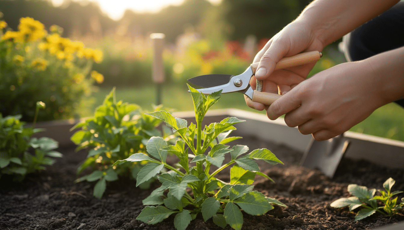 Pincement du bourgeon terminal d'un jeune dahlia au sécateur
