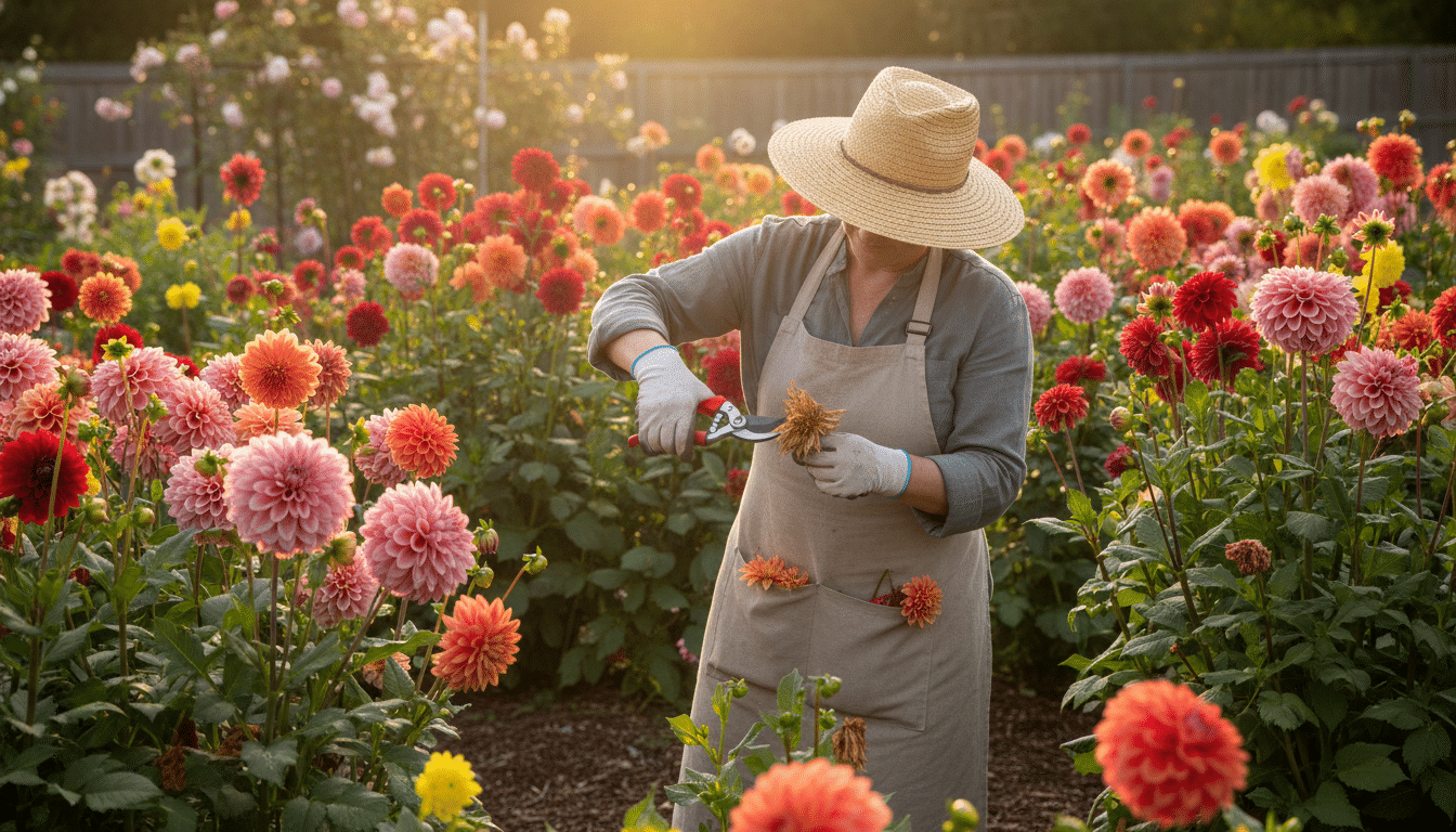 Suppression des fleurs fanées de dahlias en pleine floraison estivale