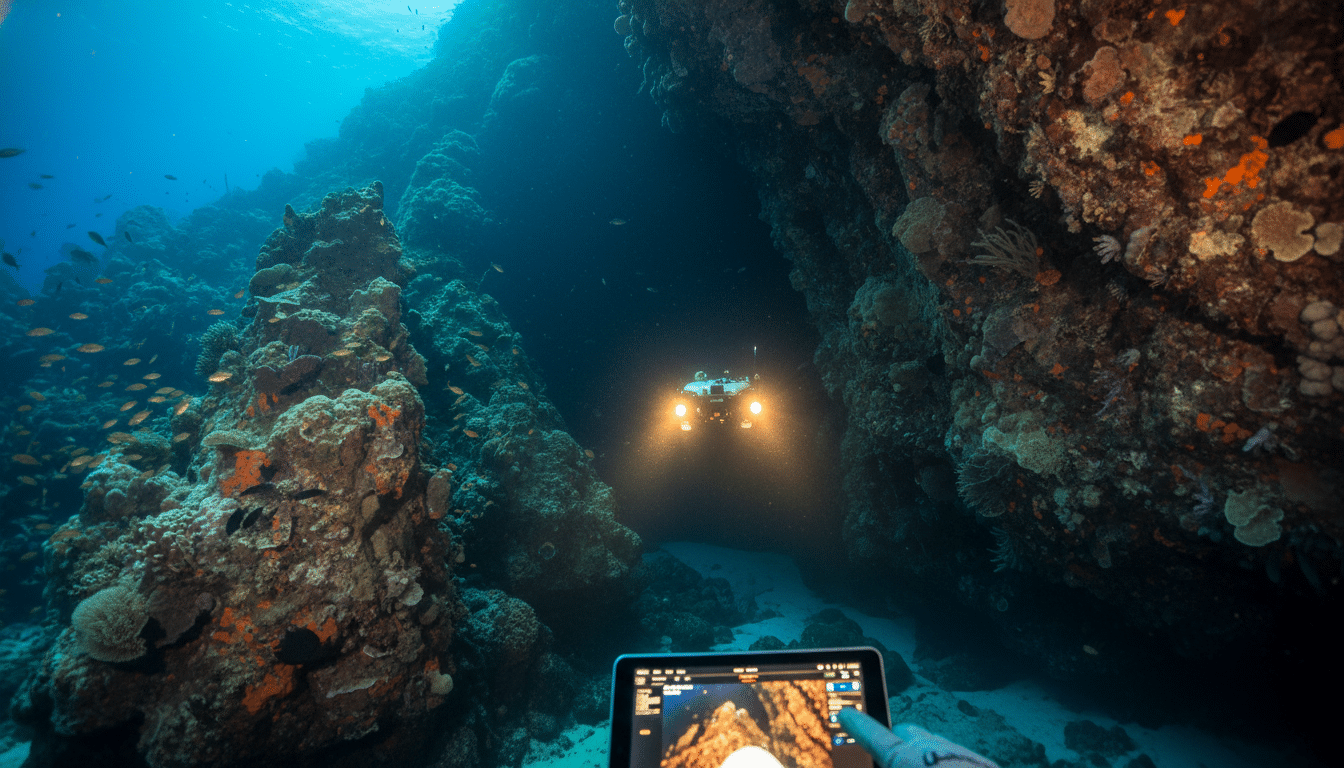 Robot sous-marin explorant une grotte karstique sous-marine au Japon