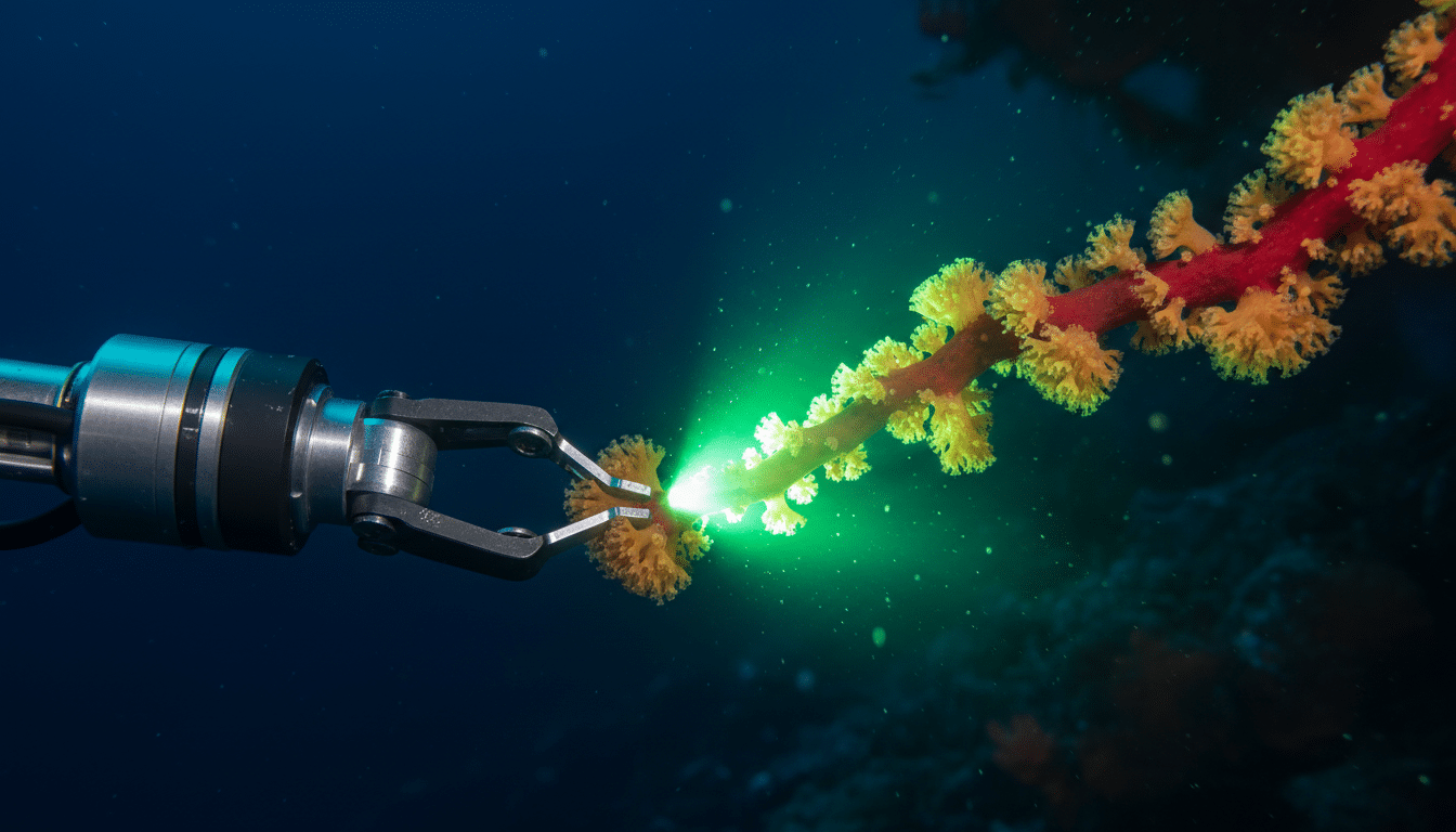 Corail bioluminescent émettant une lumière verte au toucher du robot
