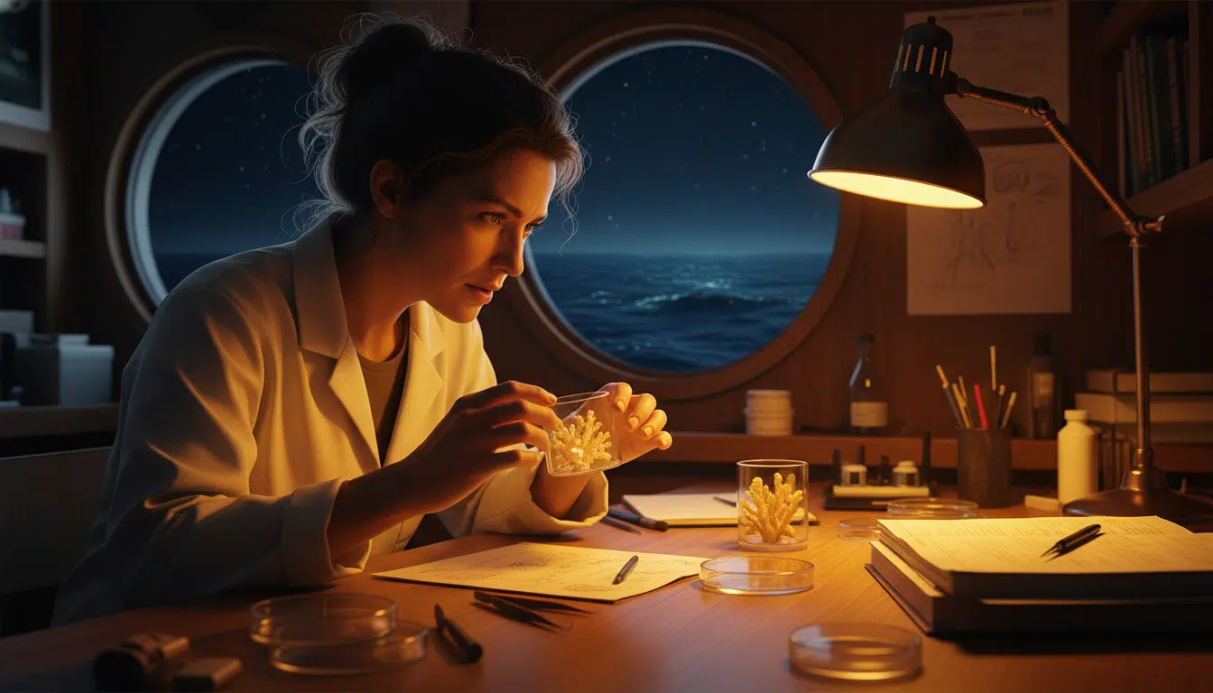 Chercheuse examinant des spécimens de corail à bord du navire de recherche