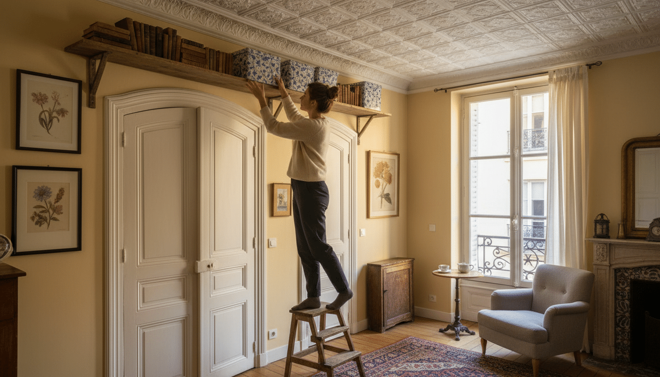 Femme installant une étagère au-dessus d'une porte