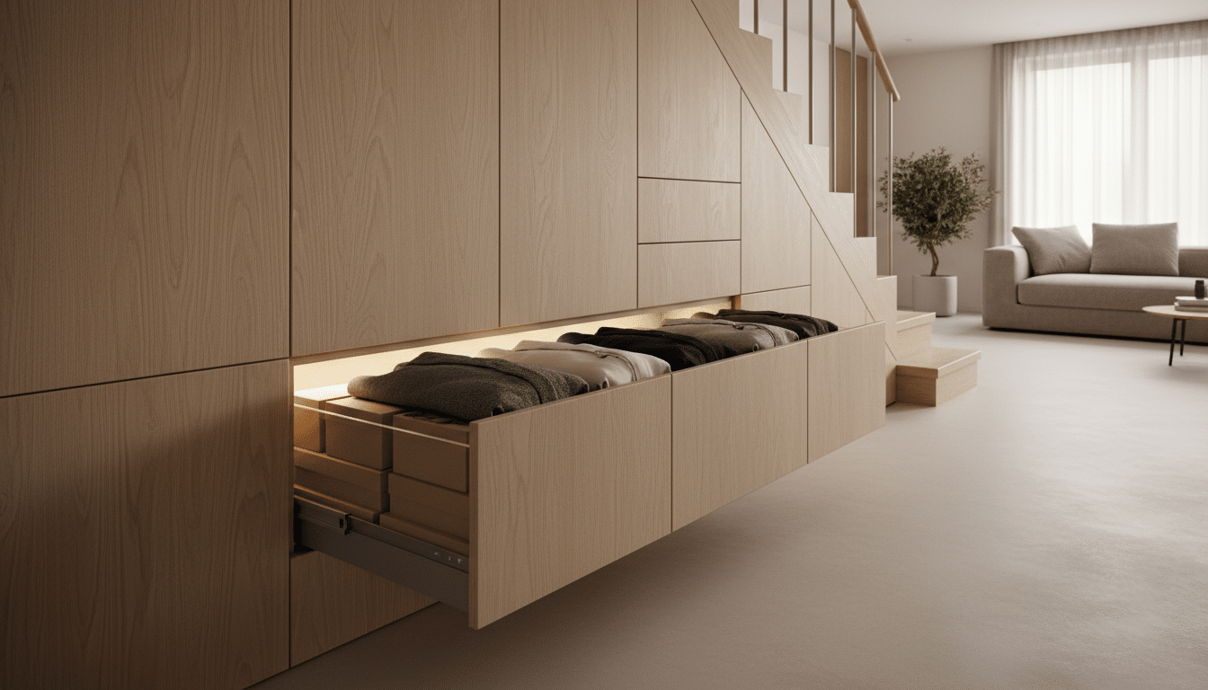 Tiroirs de rangement sur mesure sous un escalier