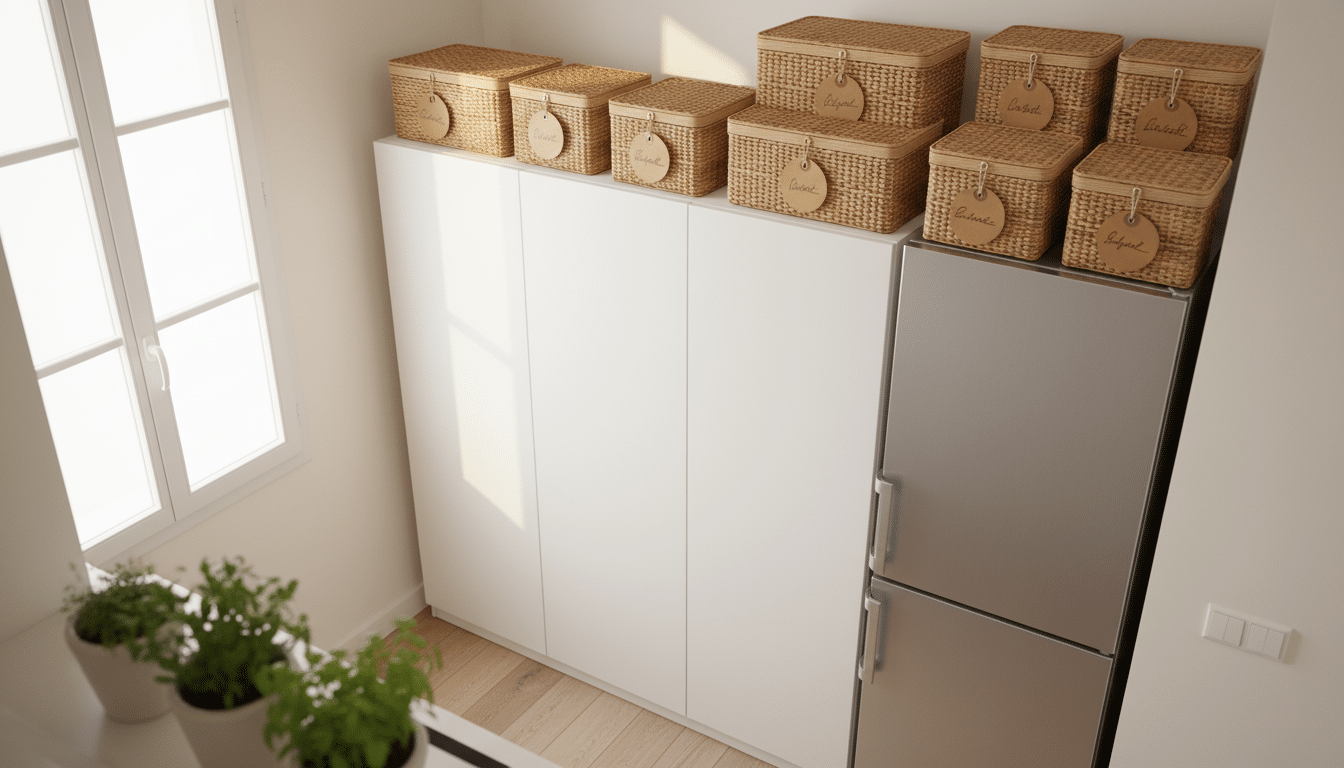 Boîtes de rangement alignées sur le dessus des meubles