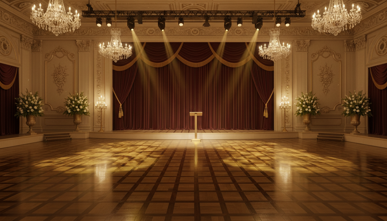 Scène de danse avec lumières dorées et parquet brillant, ambiance Danse avec les stars