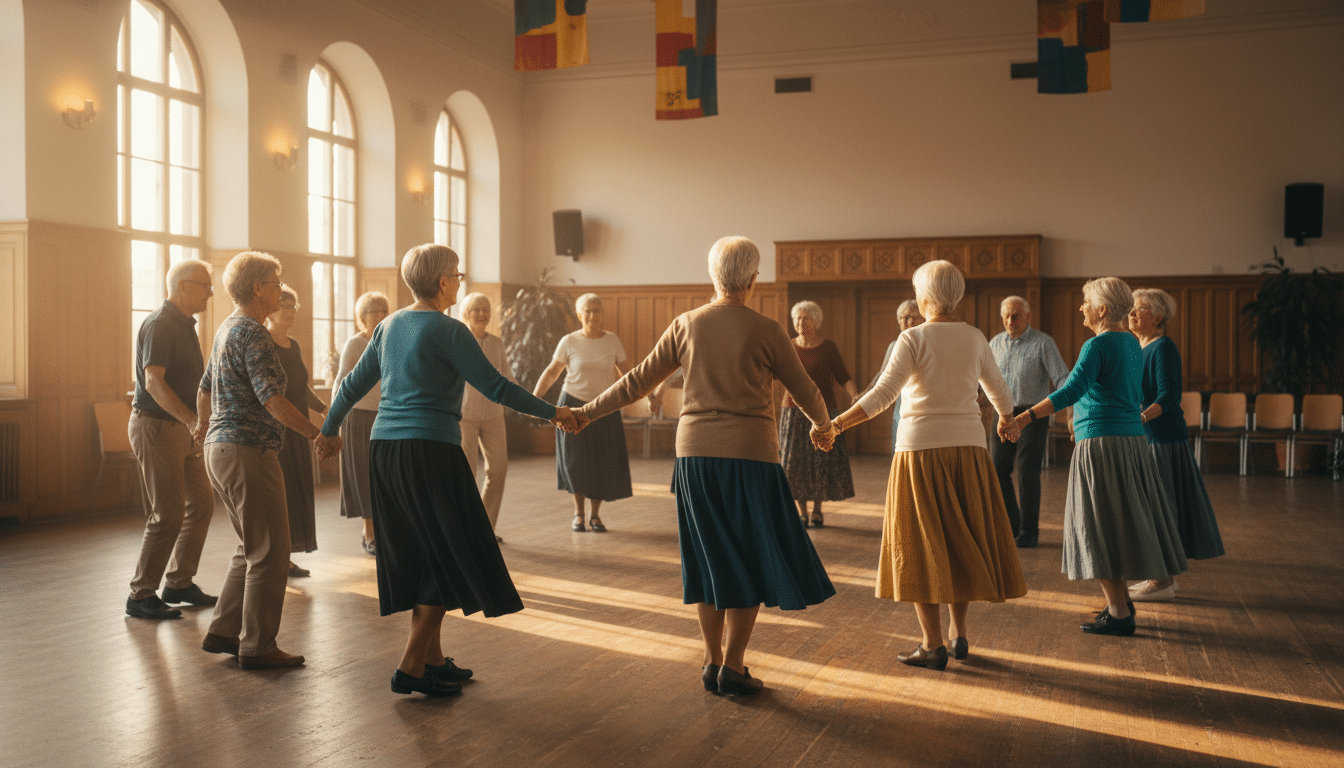 Groupe de seniors dansant joyeusement dans une salle communale