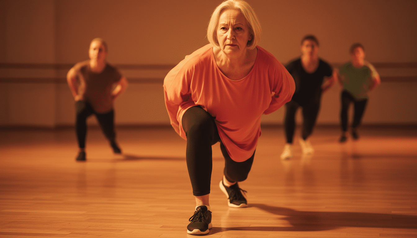 Femme senior pratiquant un pas de danse en cours collectif