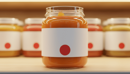 Pot de purée pour bébé avec étiquette suspecte en supermarché