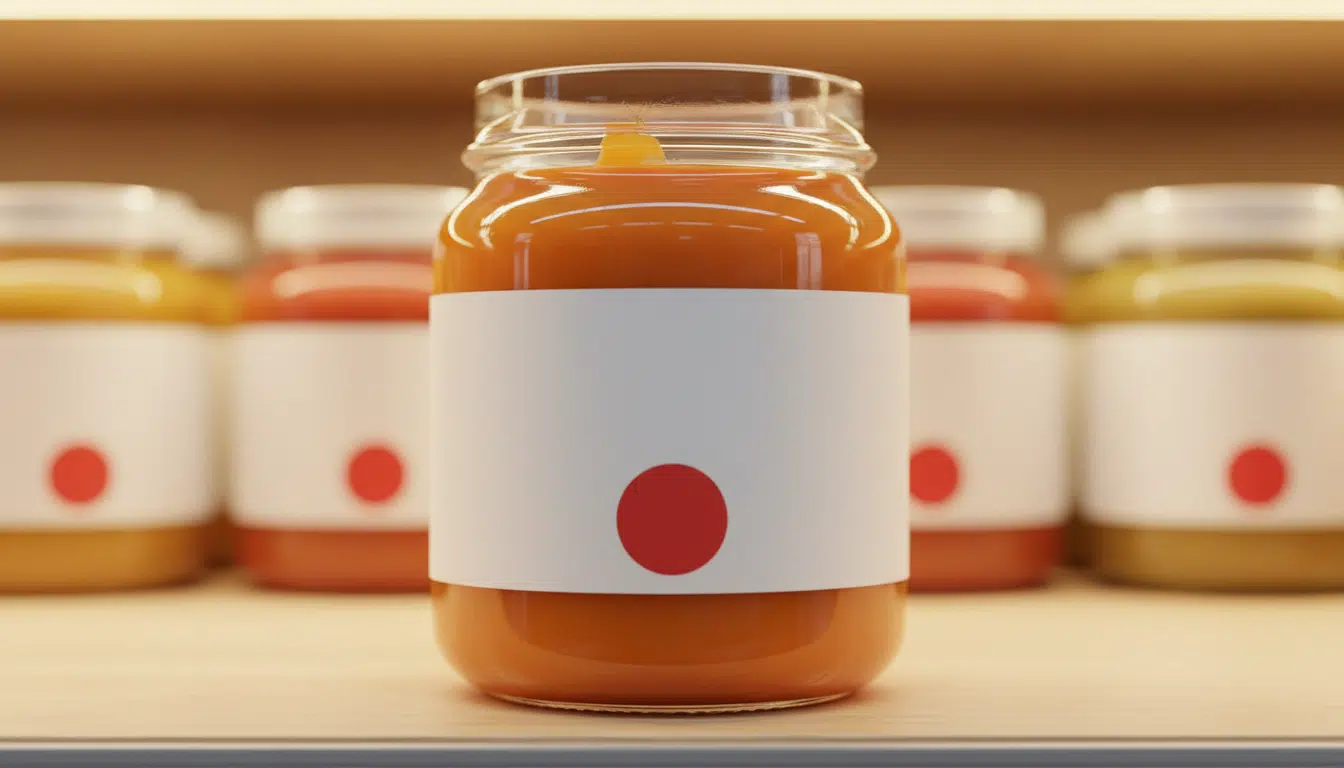 Pot de purée pour bébé avec étiquette suspecte en supermarché