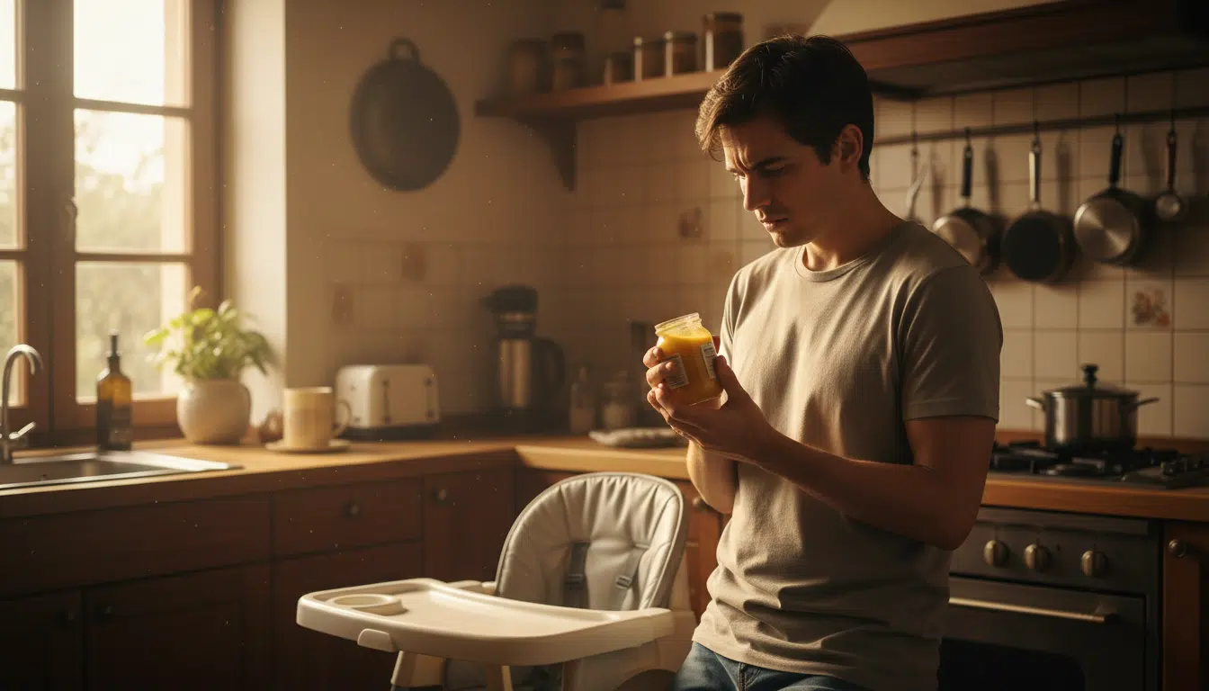 Parent inquiet vérifiant l'étiquette d'un petit pot pour bébé