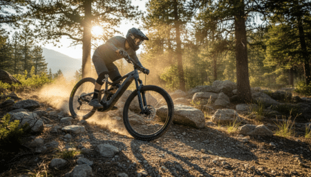VTT électrique tout suspendu sur un sentier forestier